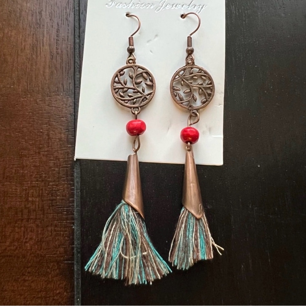NWT Boho Tassel Drop Earrings with Red Bead